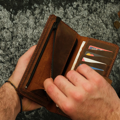 Handmade Leather iPhone Wallet: Zippered Coin Purse, Personalized Bifold