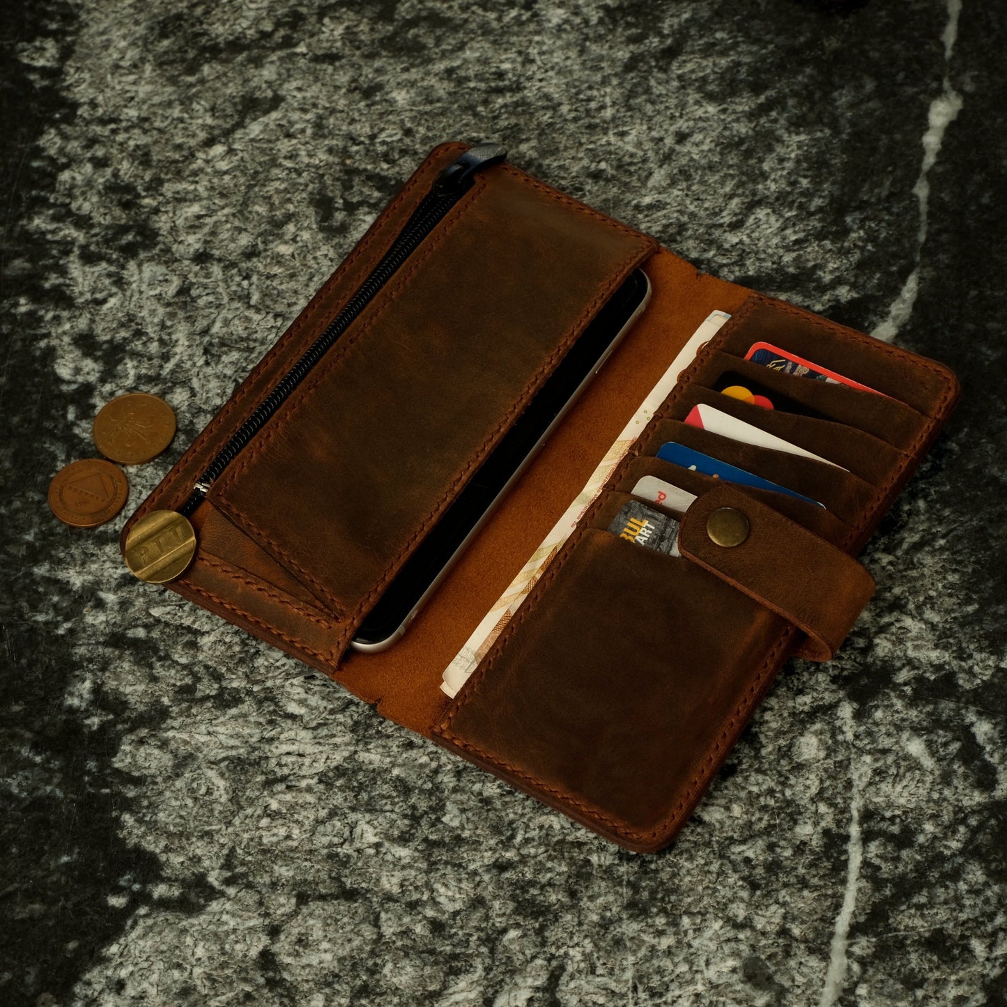 Handmade Leather iPhone Wallet: Zippered Coin Purse, Personalized Bifold