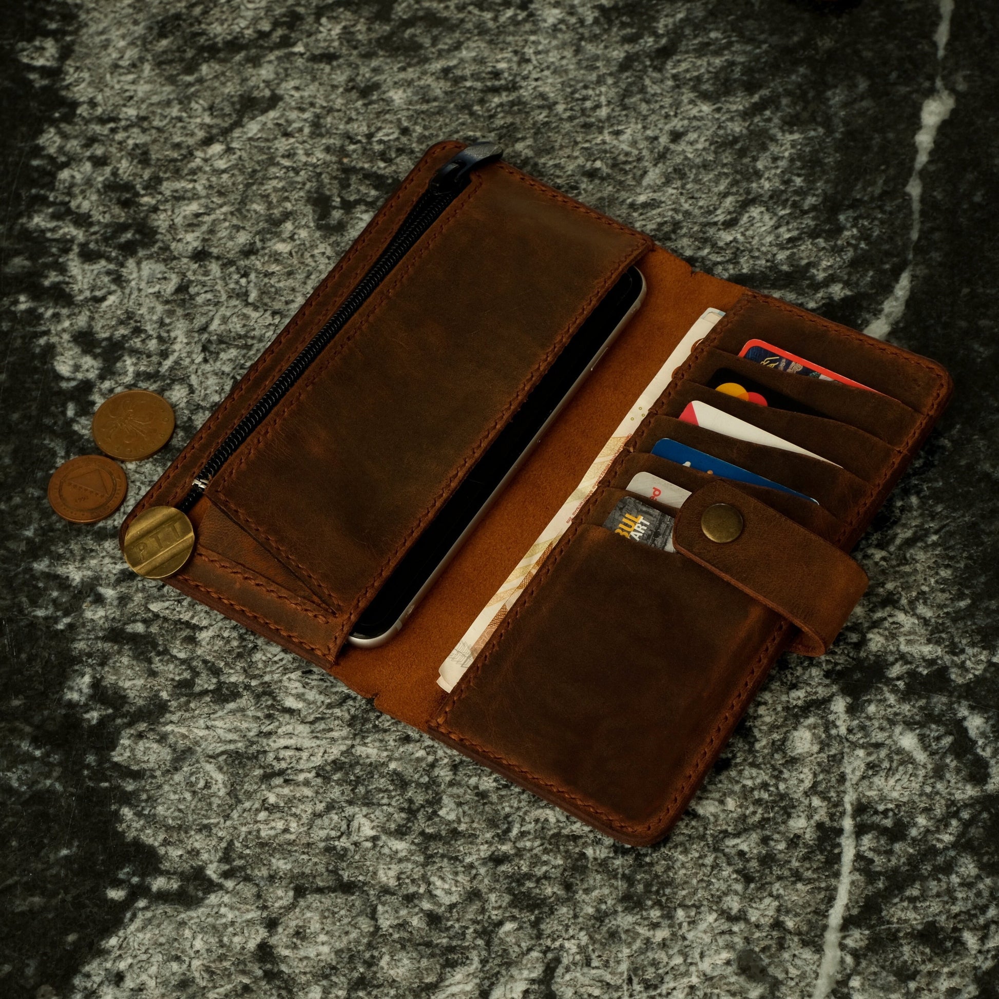 Handmade Leather iPhone Wallet: Zippered Coin Purse, Personalized Bifold