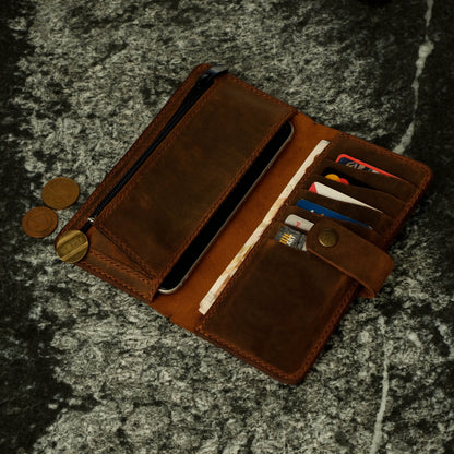 Handmade Leather iPhone Wallet: Zippered Coin Purse, Personalized Bifold