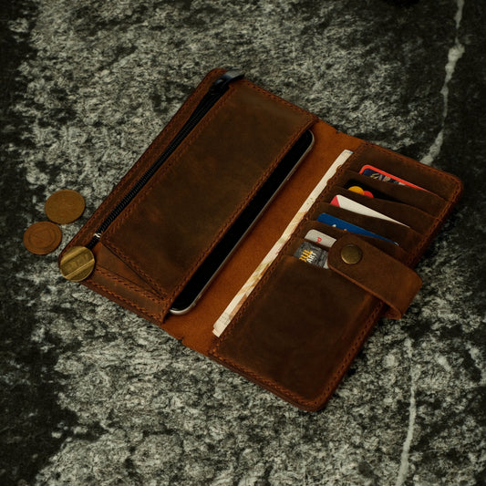 Handmade Leather iPhone Wallet: Zippered Coin Purse, Personalized Bifold