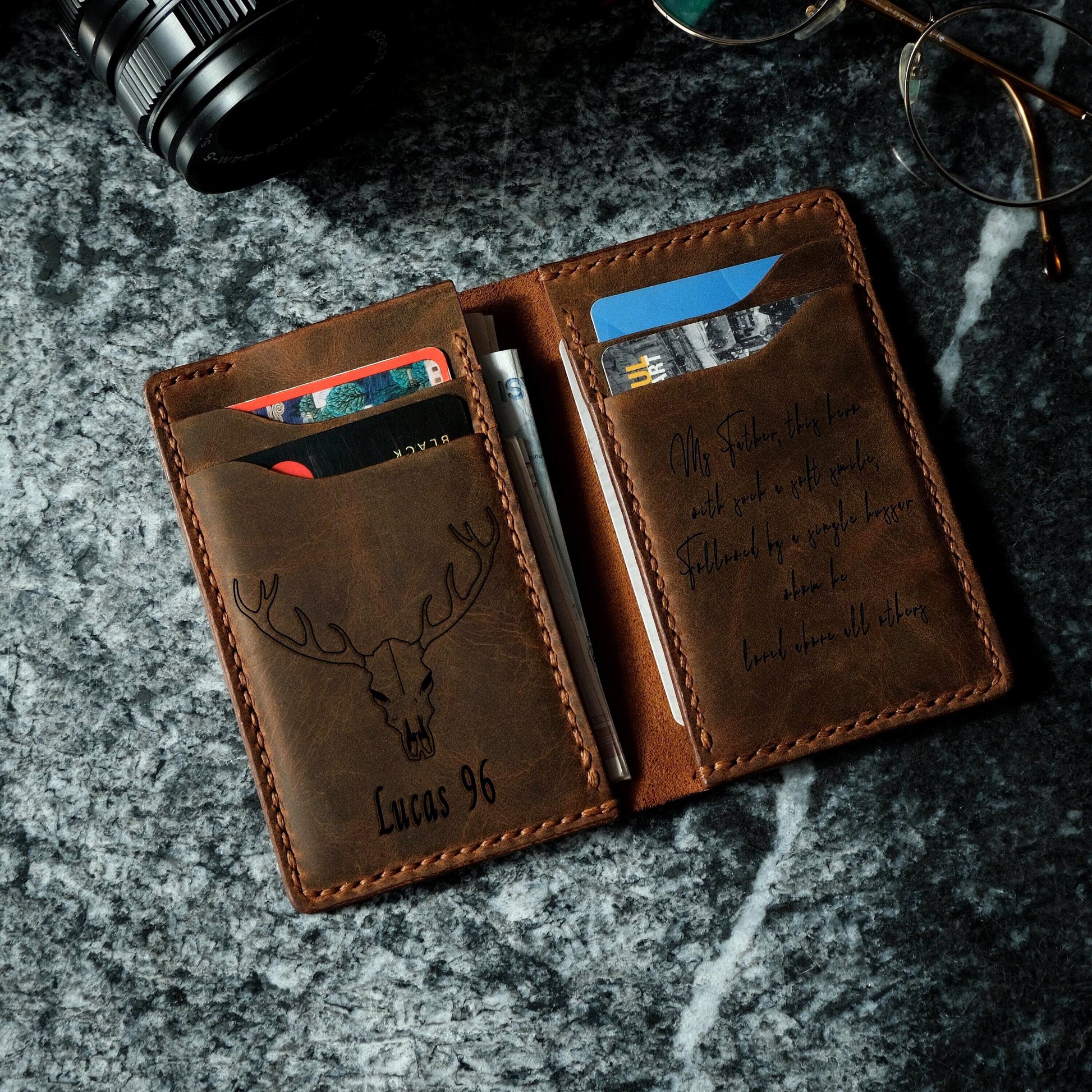 Personalized Leather Slim Wallet, Ultra Thin Wallet, Minimal Leather Wallet, Customized Leather Wallet, Christmas Gift, Gift for Husband