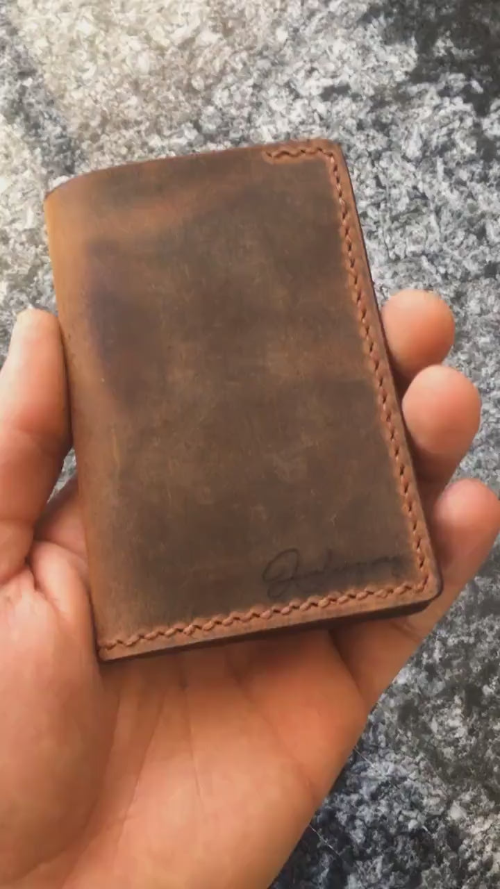 Personalized Full Grain Leather Bifold Wallet, Handmade Slim Card Holder, Engraved Christmas Gift